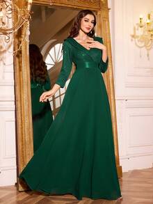 SUPGIR V-Neck Sequin Patchwork Chiffon Waist Flared Party Dress - Dark Green - View 1
