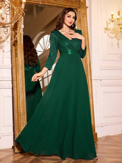 SUPGIR V-Neck Sequin Patchwork Chiffon Waist Flared Party Dress