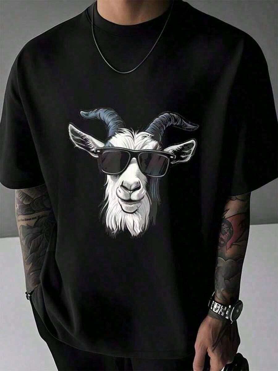 Camiseta de moda de nueva temporada de primavera y verano para la calle Goat Sunglasses Graphic T-Shirt        Cotton Summer Men's Short Sleeve Tops T-Shirt Vintage Shirts Graphic Tees Men Camisas Para Hombre Funny Shirts Printed & Shipped In USA - Negro - Ver 1