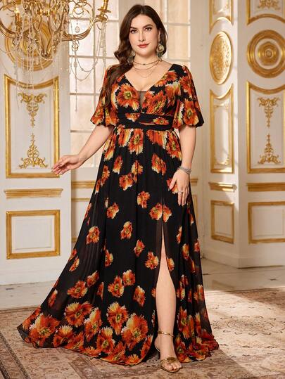  SUPGIR Plus Women's [ Random Cut] V-Neck Short Sleeve High Slit Elegant All Over Print Chiffon Formal Evening Dress