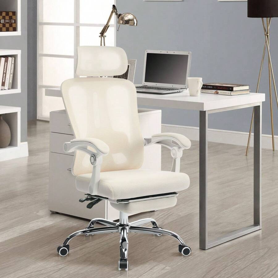 Silla ergonómica para gaming y oficina con respaldo alto de malla transpirable, Soporte lumbar y reposacabezas ajustable, Reposapiés retráctil y ruedas, para escritorio, oficina en casa o dormitorio - Marco blanco - doble malla vertical beige - pies galvanizados - Ver 1