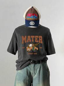 Disney Retro Washed T-Shirt Double-Sided Printing (230 Pure Cotton T-Shirt) MATER EST. 1951, DISNEY CAR Racing Mobilization Pattern Printing, Men's T-Shirt, Men's Casual, Comfortable, Fashionable T-Shirt, Street Style Versatile T-Shirt Cotton Suitable For Various Occasions - màu đen - Xem 9