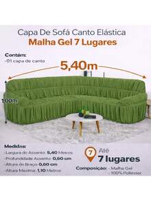 Capa Para Sofá De Canto Ate 7 Lugares Com Braço 21 Elásticos Malha Gel Poliéster - Verde - Visão 3