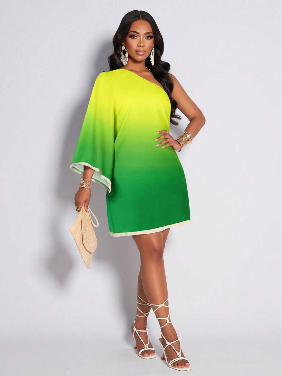 AIJ Amarilo 女士热带雨林印花流苏下摆休闲连衣裙，适合日常通勤和度假，春夏新款印花连衣裙，优雅时尚 - 黃綠色 - 查看 1