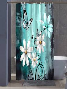 [Rustic Shower] 4pcs Rustic Farmhouse Shower Curtain Set Farm Teal Daisy Floral Bathroom Set With Non-Slip Rugs, U-Shaped Mat, Toilet Seat Cover, Machine Washable Shower Curtain With 12 Hooks, Country Wooden Design With Flowers And Butterflies - A - View 11