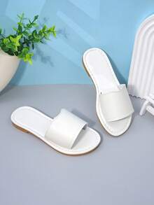 Girls' White Single Strap Flat Slide Sandals, Minimalist Open Toe Casual Summer Shoes For Kids - White - View 1