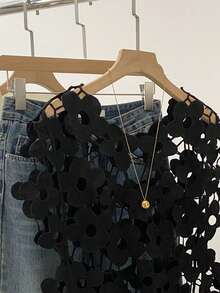 女士镂空花卉设计夏季罩衫，性感沙滩罩衫 - 黑色 - 查看 3