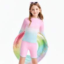 Annil 【炫彩渐变两件式泳衣】女童夏季高弹防水长袖短裤专业训练泳衣套装 - 綠粉花 - 查看 7
