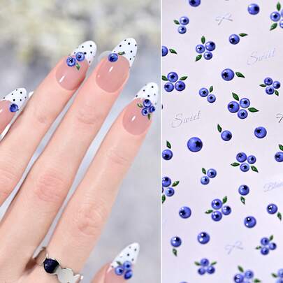 สติกเกอร์ติดเล็บเจลลี่นูนลายบลูเบอร์รี่มินิน่ารัก, สติ๊กเกอร์ติดเล็บลายผลไม้สด