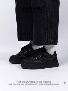 HUANQIU 2026新款男鞋，男士运动鞋，黑色鞋，滑板鞋，时尚，多功能，轻便，舒适，系带，软底，休闲鞋，跑步鞋，黑色四季鞋 - 黑色 - 查看 6