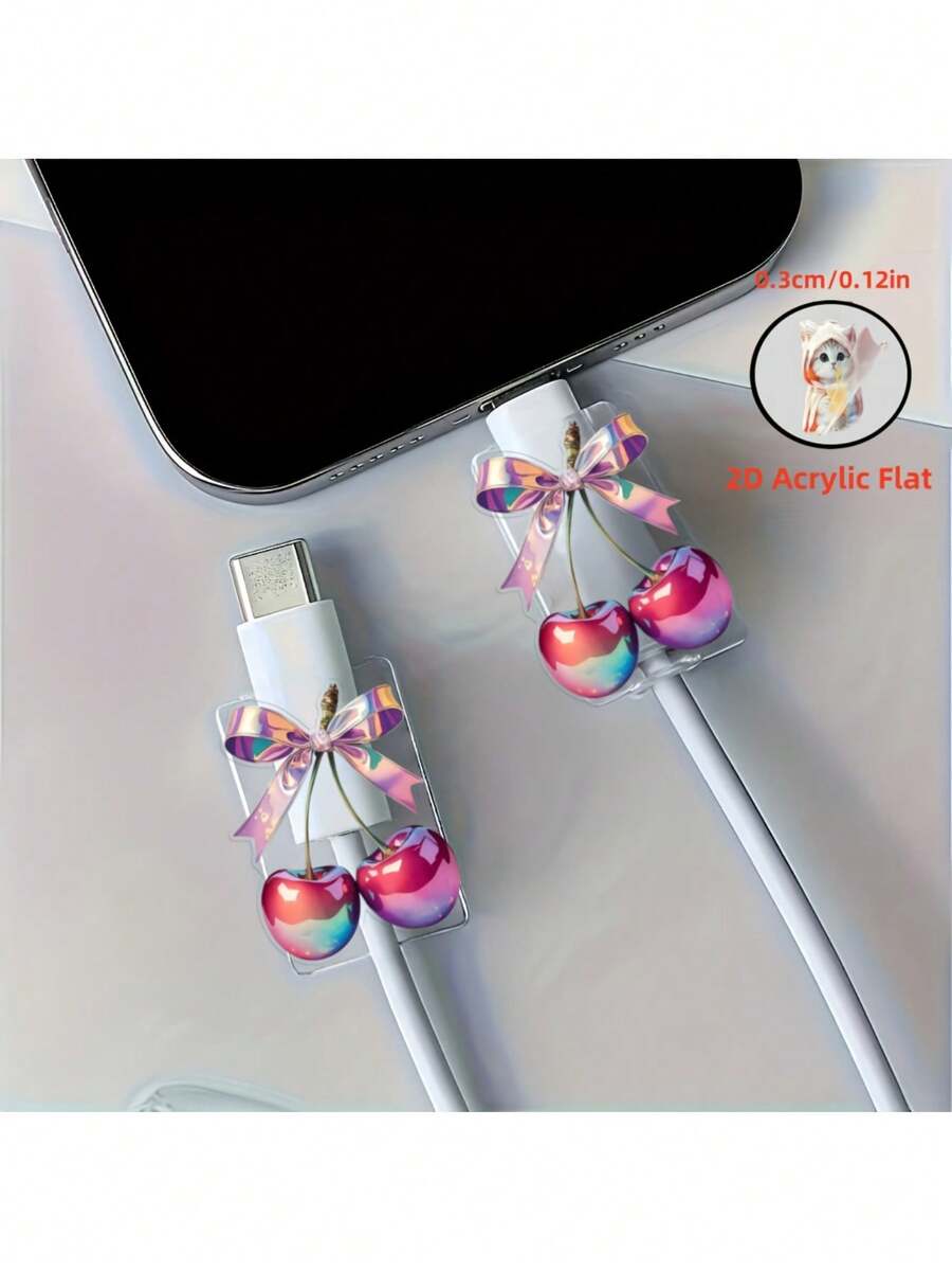 2D 平面，2 个樱桃图案数据线保护套，防刮 Type-C/手机充电器数据线保护套，时尚耐用，手机数据线保护器，设计新颖，坚固塑料材质 - 彩色 - 查看 1