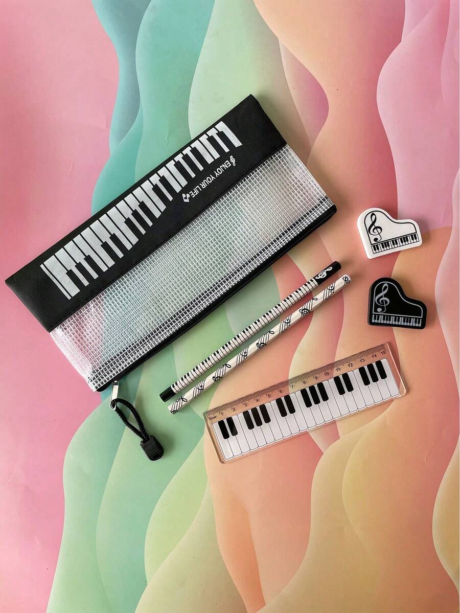 6-Piece Piano Stationery Set Music Element Pencil Case Ruler Pencil Eraser Stationery Set Essential Stationery Supplies For Students - Black and White - View 1