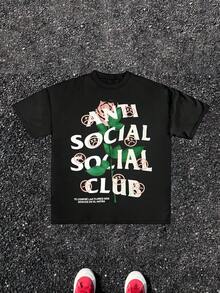1pcs Anti Social Club Rose Print TShirt, Urban Style 100% Cotton TShirt Men's Graphic TShirt Summer Streetwear TShirt Perfect Gift - 黑色 - 查看 8