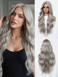 Tóc giả màu xám gợn sóng thanh lịch dài 28 inch có mái, phù hợp để đội hàng ngày, hóa trang, dự tiệc, Giáng sinh, Năm mới, lễ hội âm nhạc, món quà lý tưởng cho các cô gái, lễ tốt nghiệp, Halloween, Giáng sinh. - Đánh dấu màu xám - Xem 3