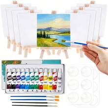 47-Piece Mini Canvas & Easel Acrylic Paint Set, Complete Art Kit With 12 Acrylic Paints, 10 Brushes, 5 Palettes & 10 4x4 Inch Canvases & Easels, Ideal Gift For Art Crafts, Parties & Creative Projects - A - 查看 10