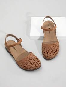 Athlefit Women's Buckle Strap Slingback Sandals, Retro Closed Toe Cork Flat Shoes, Casual Outdoor Beach Sandals - Tan Hollow - View 7