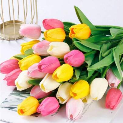 20/5pcs Colorful/White Artificial Tulip Flowers, Suitable For Mother's Day Gift, Desktop Decor, Wedding, Party, DIY Bouquet, Home Decor, Plastic Flowers, Decorations, Easter, Valentine's Day Wreath, Wedding Bouquet, Back To School Room Decor, School Supplies