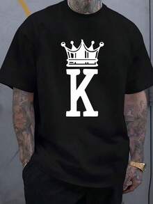 regalos para el día del padre Elegante Camiseta de Hombre 100% Algodón con Estampado de Corona y Letra K para Uso Diario, Salidas Casuales, Reuniones de Fin de - Negro - Ver 6
