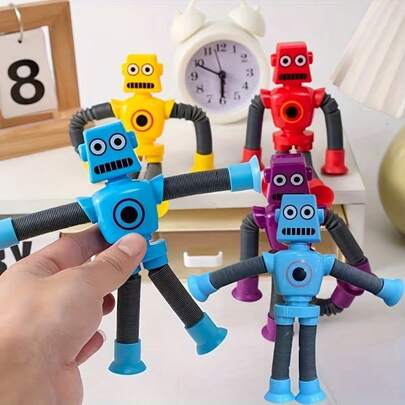 1/4个可爱可伸缩吸盘机器人玩具 - 可变形减压感官玩具，适合儿童和成人，非常适合在车内、浴室、卧室玩耍，也是理想的桌面装饰、复活节、生日、圣诞节礼物。