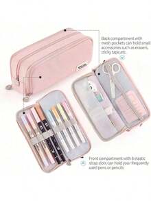 Large Capacity Pencil With 3 Compartments, Suitable Students, Teens, Unisex, Back To School Essential, Includes Stationery, Pencil Pouch And Backpack,Bag - Hồng - Xem 2