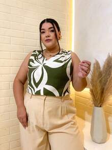 Plain Tank Top, Sleeveless Blouse, Plain Crepe Fabric, With 4 Buttons, Plus Size G1G2G3 46-52, Casual Women's - 67-GREEN - 查看 3