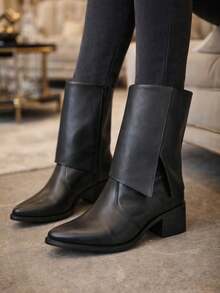 Women's Over-The-Knee Suede Boot, Low Heel, High-Top Suede Boot, Ruched Boot - 黑色 - 查看 1