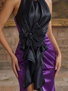 Women's Chic Halter Neck Mermaid Evening Dress Black And Purple Long Sleeveless Formal Gown With Bow Accent - Purple - View 3