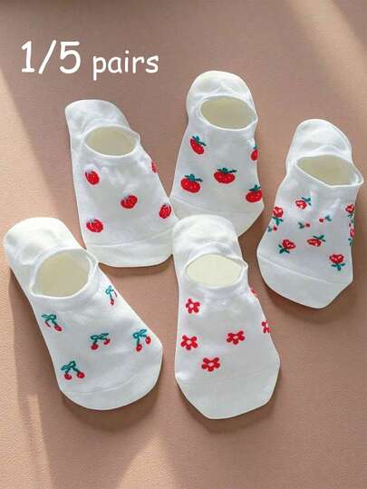 1/5 pares de calcetines de tobillo para mujer, con lindo patrón de cereza, calcetines ligeros y transpirables, calcetines casuales para estudiantes, para uso diario, versátiles, sin restricciones, calcetines de mujer, fáciles de combinar, material cómodo, de moda, adecuados para deportes y ocasiones al aire libre/interiores