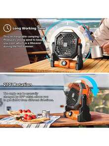 Ventilador portátil para camping con luces LED, ventilador recargable para exteriores, con múltiples velocidades / 3 niveles de brillo / cabezal oscilante / gancho, ventilador alimentado por batería para camping, tienda de campaña, camping - multicolor - Ver 5