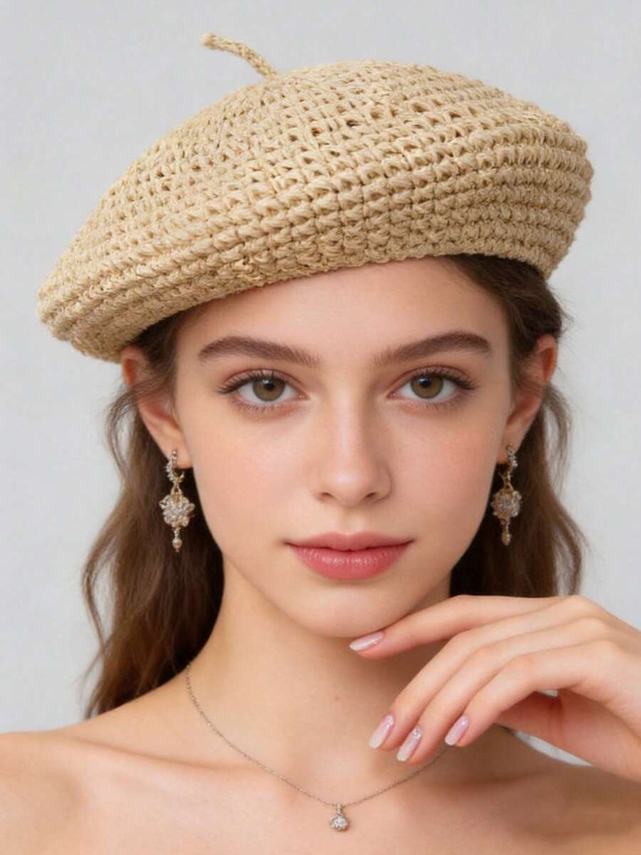 1pc Grass Woven Beret Women's Hollow-Out Breathable Thin Design, Sweet And Cute Versatile Retro Artistic Painter Hat Grass Woven Beret Hat - Multicolor - View 1