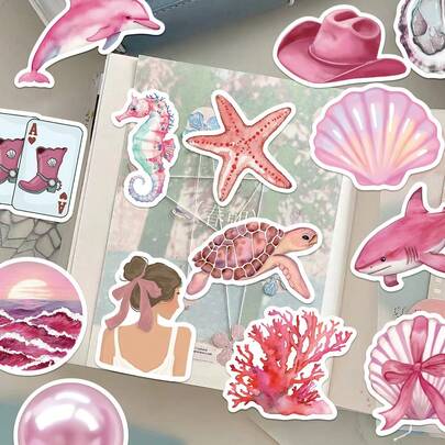 50张粉色沙滩女孩贴纸套装，可用于装饰剪贴簿、日记、计划本、行李箱、笔记本、手机壳、滑板、吉他，也可作为节日礼物或封口贴。