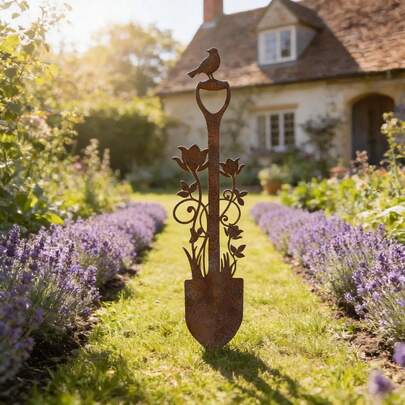 1pc Rusty Metal Garden Shovel Stake With Bird & Flower Decor, Heart-Shaped Yard Art, Countryside Garden Decoration, Patio/Balcony Gift