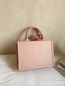 1个（11英寸*7.9英寸*3.9英寸）时尚女士手提包，大容量，方形，轻便，饰有优雅丝巾，采用耐刮擦耐磨材质，适合购物、约会、聚会、通勤，字母图案，优雅简约休闲灰粉色女士托特包 - 粉色 - 查看 7