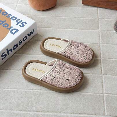 Summer New Style 2026 1 Pair For 3-12 Years Old Girls, Pink Tweed & Sequin, PU Leather Anti-Slip & Wear-Resistant, Slip-On Closed-Toe Round-Toe Thick Sole, Sweet Mule Slippers, For Daily Casual School & Parties Best Seller Of The Season