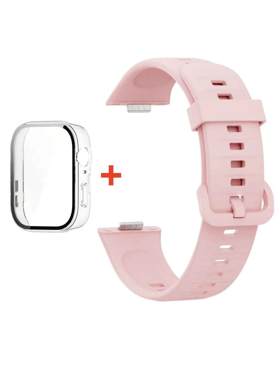 2pcs/Set Pink Soft Silicone Watch Band & Full Coverage Transparent Screen Protector Case Compatible With Huawei Watch Fit 3 / Fit 4 / Fit 4 Pro, Breathable Sport Strap Replacement Wristband With Anti-Scratch Bumper Case Protective Cover, Adjustable Sweatproof Watch Accessories For Men Women - Pink - View 1