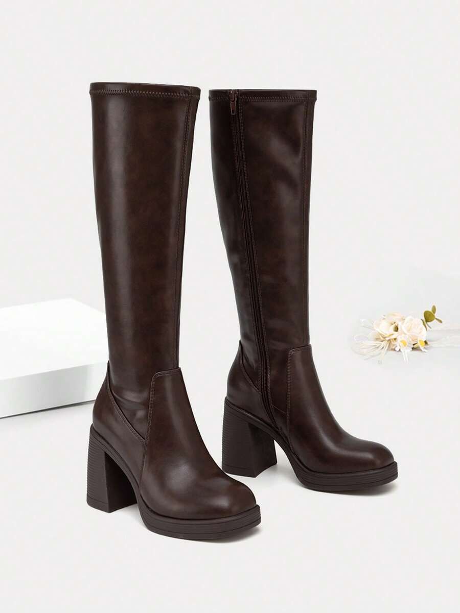 Athlefit Women's Stretch Knee High Boots - Platform Chunky Heel Square Toe Side Zip - 棕色 - 查看 1