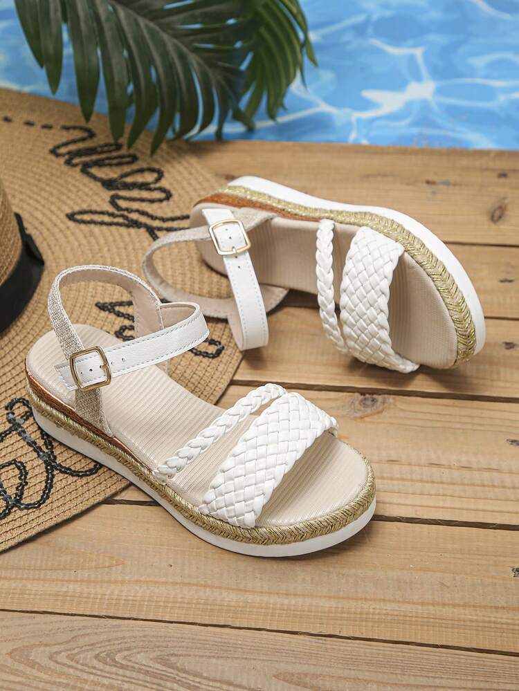 1 Pair Summer Girls Woven Platform Sandals With Buckle, Non-Slip Lightweight Casual Open Toe Comfortable Thick Sole Shoes, Suitable For Daily Wear And School - White - View 2