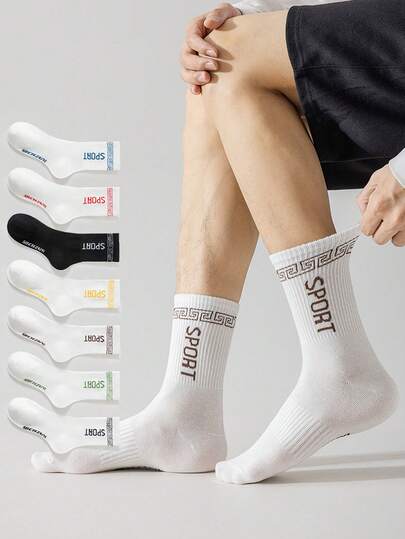 1/5 Pairs Random Letter Print White Breathable Anti-Odor Sports Crew Socks For Men, Comfortable For Spring/Summer
