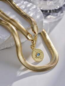 Nooxian 2pcs/Set Gold Jewelry Fashion New Gold Thick Flat Snake Chain Double-Layer Necklace Set With OT Clasp, Micro-Inlaid Devil's Eye & Geometric Pendant Necklaces For Women - Yellow Gold - View 2