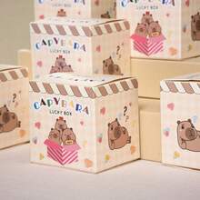 6/12个卡通生日惊喜礼盒，饰有水豚图案。内盒可放置独立首饰盒、小蛋糕和其他小礼物。每个盒子都包含一个幸运问号和卡通人脸图案，内含派对礼物、节日惊喜活动、寻宝游戏和抽奖奖品。采用坚固的纸板材质，主题独特。注意：此为空盒，不含任何礼物。 - 查看 6