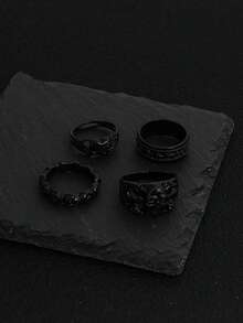 4pcs Gothic Style Skeleton Head Rings, Multi-Element Stackable Black Ring Set For Women - Black - View 4