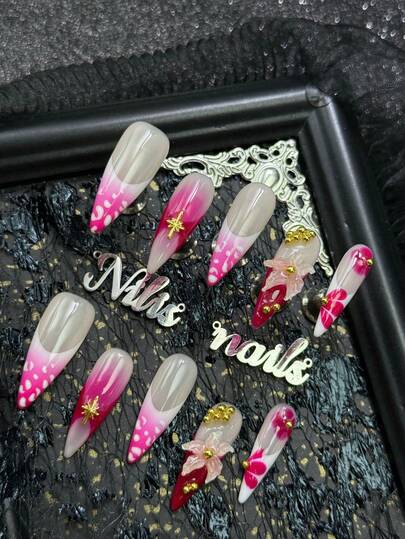 10pcs Stiletto Acrylic Nail Kit, Rose Red Nails, White&Rose Red Gradient Blending French Nails, Hand Drawn Geometric Patterns Such As White Spots&Rose Red Petals, 3D Golden Star Lights&Three-Dimensional Resin Flowers&Multiple Gold Small Round Beads Nail Accessories