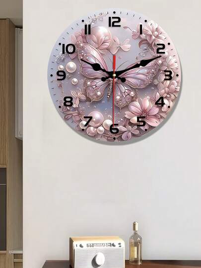 1个10/12英寸亮丽蝴蝶背景壁钟 - 木质圆形静音扁平钟，饰有粉色蝴蝶和花卉图案 - 非常适合书房或客厅装饰，是送给朋友、家人和同事的绝佳礼物 - 不含电池，书房装饰 | 优雅装饰 | 经典数字，壁挂式时钟装饰