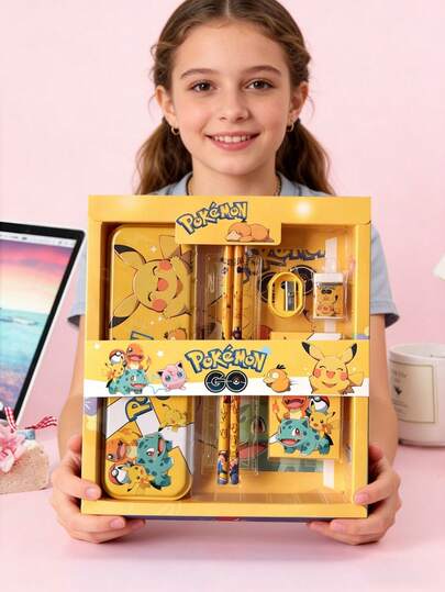 pokemon Authorized By Cartoon Character Style Stationery Gift Box Set, Including Pencil, Notebook, Pencil Sharpener, Pencil Case, Ruler And Eraser,Crayon