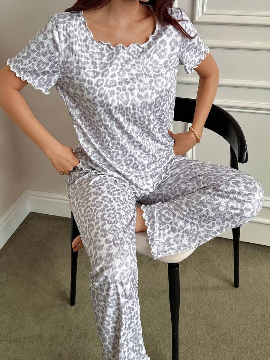 Women's Knitted Jacquard Leopard Print Long Sleeve Pajama Set - Grey - View 1