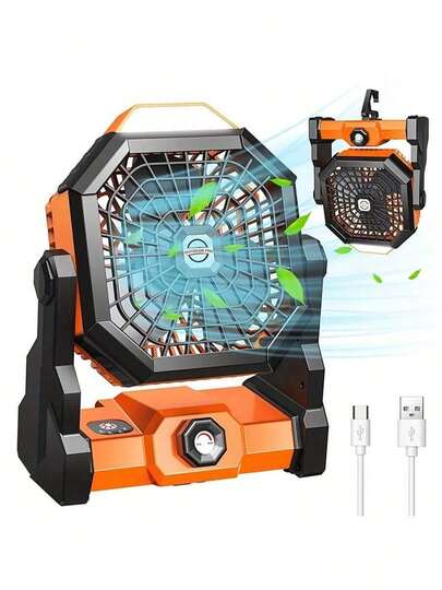 便携式露营风扇，带LED灯，可充电户外风扇，多档风速/3档亮度/摇头设计/可连接电源，电池供电，适用于露营、帐篷等场所。