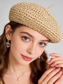 1pc Grass Woven Beret Women's Hollow-Out Breathable Thin Design, Sweet And Cute Versatile Retro Artistic Painter Hat Grass Woven Beret Hat - Multicolor - View 8