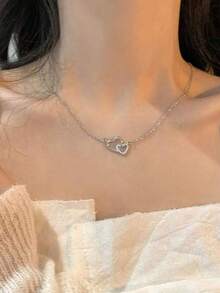 1 pieza Collar con colgante de corazón de doble círculo, diseño suave y dulce, regalo para el Día de San Valentín, Día de la Madre - Plateado - Ver 5