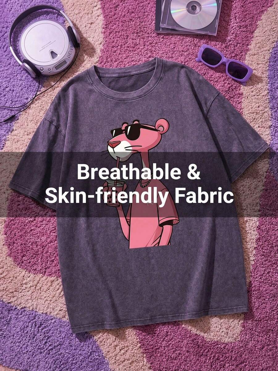 The Latest American-Style 100% Cotton T-Shirt Suitable For Both Men And Women. Featuring A Fun Retro Pink Leopard Print Cartoon Letter Pattern. This Is A Street-Style Korean Version Of Comfortable And Retro Fashion For Daily Commuting And Versatile Clothing That Fits The Y2k . It Is A Regular, Niche Punk-Style Black Round-Neck Short-Sleeved Washed T-Shirt With A Relaxed Fit. This Is A Washed Retro Series Of Comfortable Cotton T-Shirts, Easily Creating Retro Casual Clothing. It Is Suitable For Daily Commuting, Casual Outings, Music Festivals, And Daily Wear. Classic Retro Style. Men's Printed T-Shirt, Women's Printed T-Shirt, Couple's Outfit. - 灰色 - 查看 1