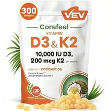 Selling Fast!VEV Vitamin D3 K2 10000 LU, 300 VirginCoconut Oil Softgels,2 In 1 Vitamins Supplement D & K. Women's Health. - 2 件商品 - 查看 4